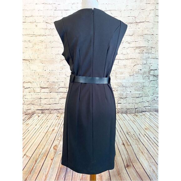 Calvin Klein Fit and Flare Black Midi Dress Leather Belt Cap Sleeves Women’s 6 - Picture 3 of 7